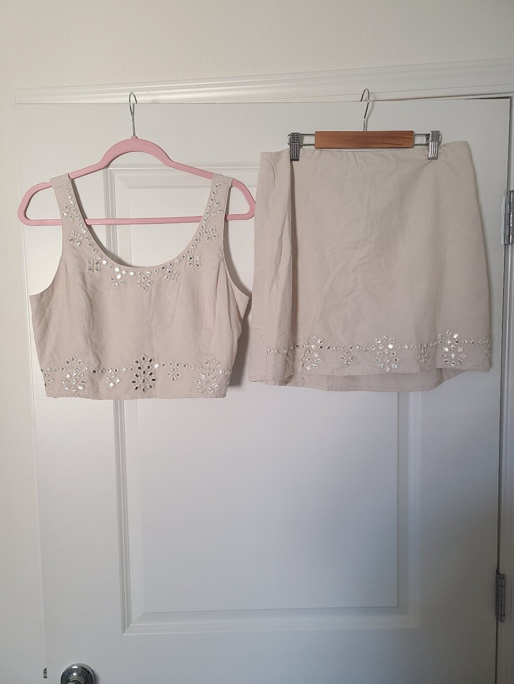 Embellished Cream Crop Top And Skirt Set